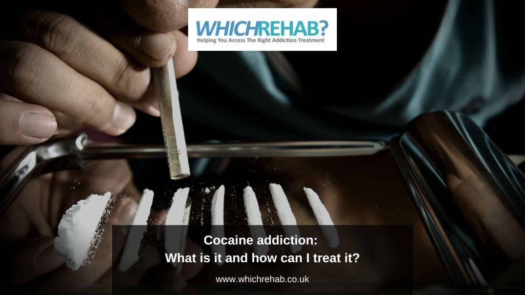 A man with a cocaine addiction snorting lines of coke with a rolled up paper note - Which Rehab