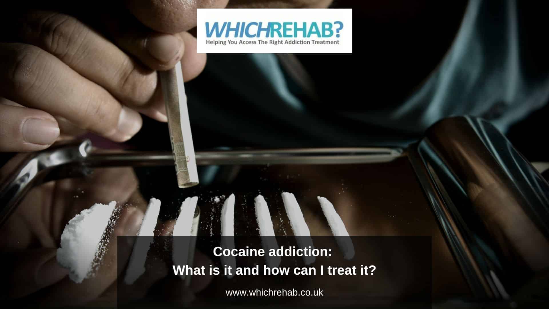 A man with a cocaine addiction snorting lines of coke with a rolled up paper note - Which Rehab